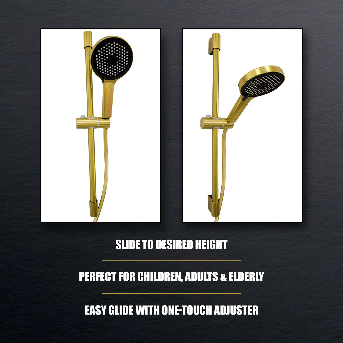 D&B Bathware Fiona Premium Adjustable Shower Head Holder – Brushed Gold Rail Mount