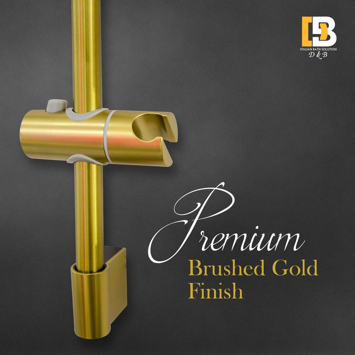 D&B Bathware Fiona Premium Adjustable Shower Head Holder – Brushed Gold Rail Mount