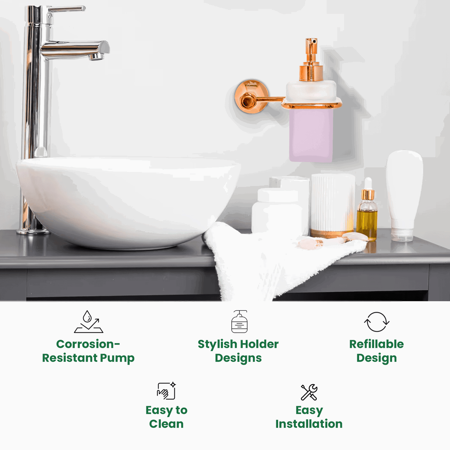 Glass Liquid Soap Dispenser Rose Gold Series Floris – Elegant & Stylish - D&B Bathware