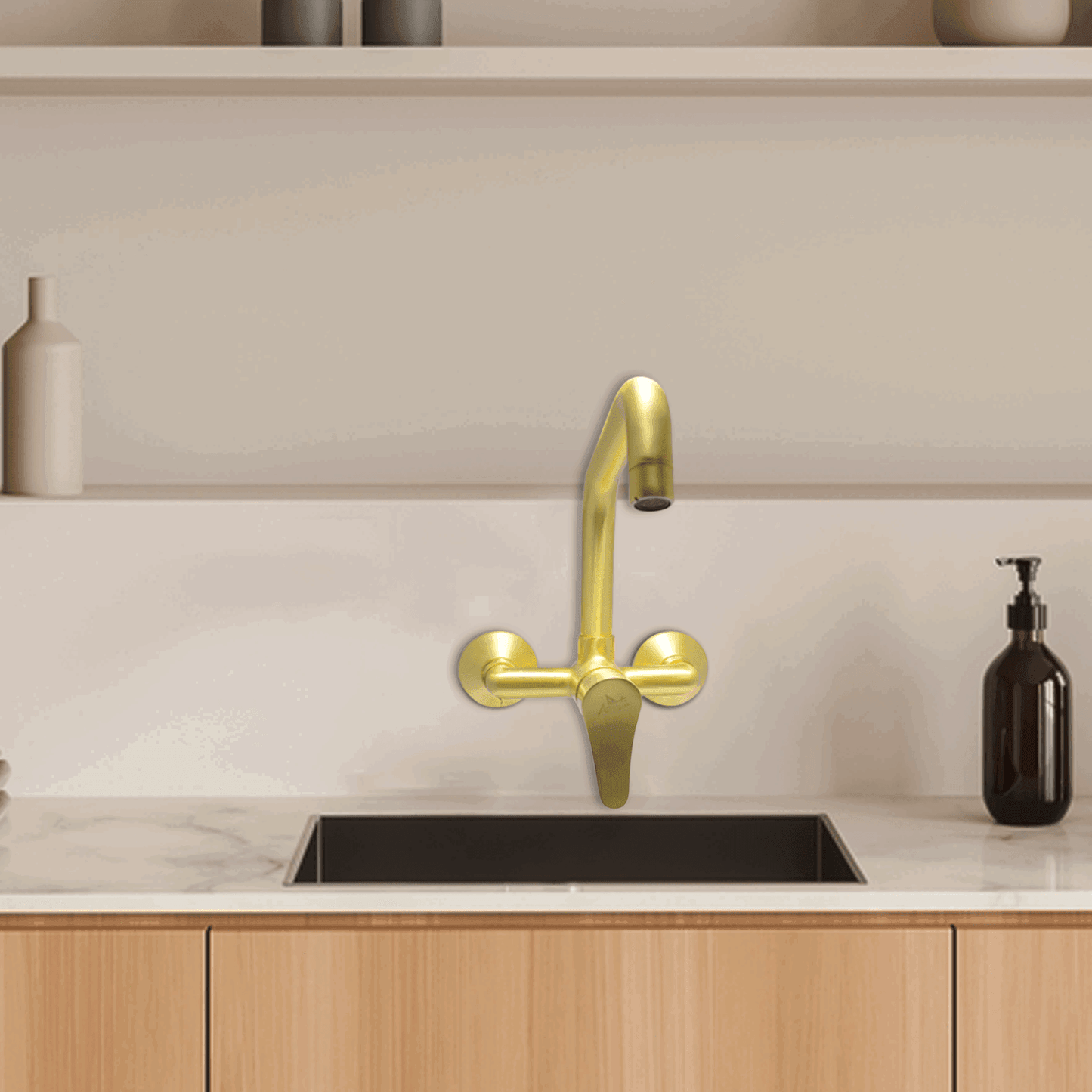 LAZZARO Brushed Gold Kitchen Sink Mixer – Single Lever Wall Mounted Faucet - D&B Bathware
