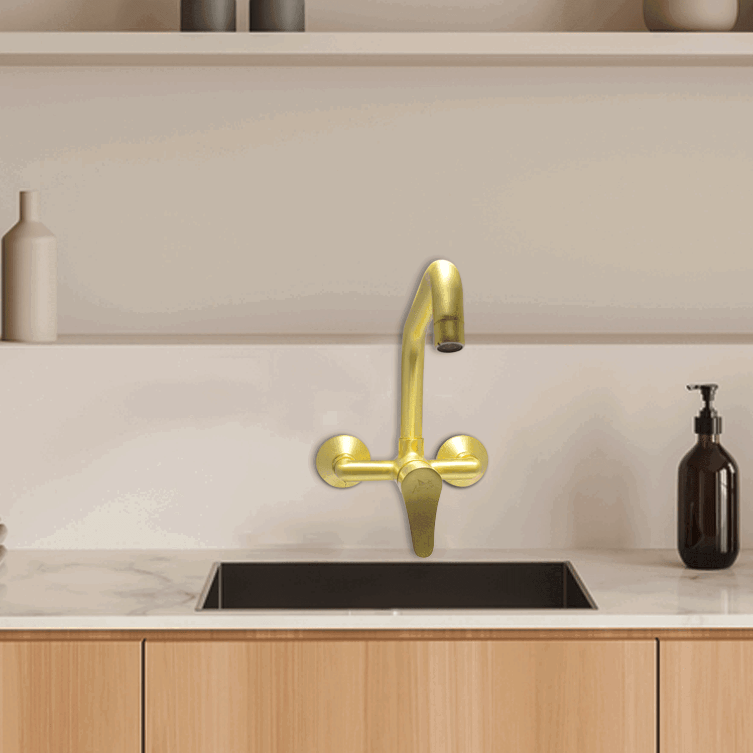 LAZZARO Brushed Gold Kitchen Sink Mixer – Single Lever Wall Mounted Faucet - D&B Bathware