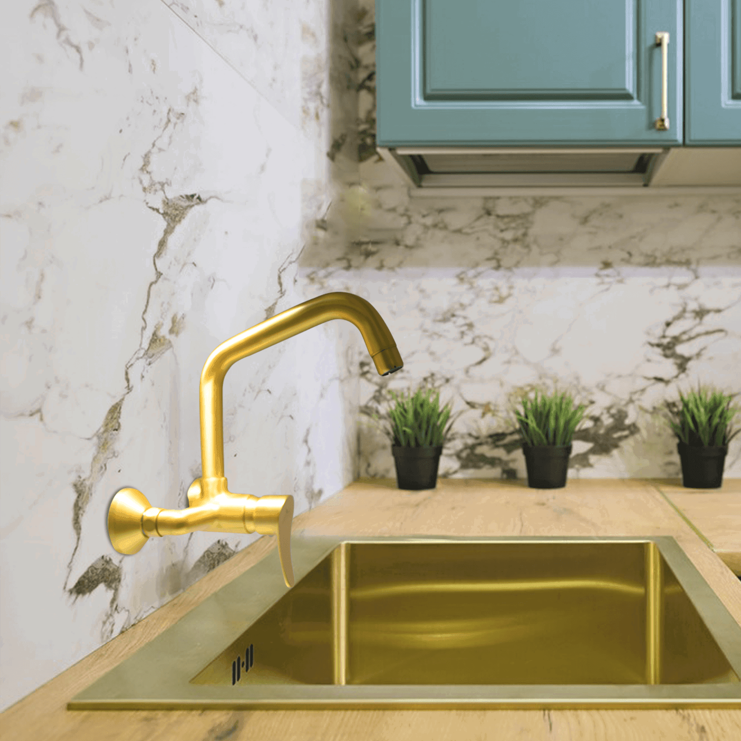 LAZZARO Brushed Gold Kitchen Sink Mixer – Single Lever Wall Mounted Faucet - D&B Bathware
