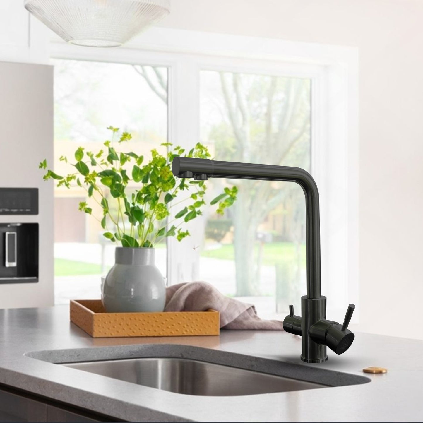 &B Bathware SUS 304 Grade Hot & Cold Dual Lever Kitchen Sink Mixer Faucet – 360° Rotatable Tap - Graphite Grey