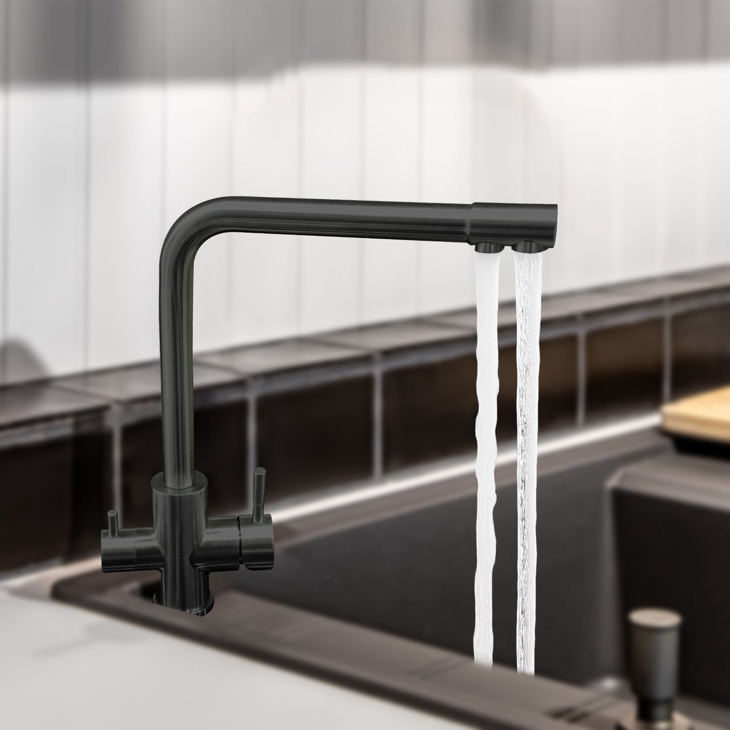 &B Bathware SUS 304 Grade Hot & Cold Dual Lever Kitchen Sink Mixer Faucet – 360° Rotatable Tap - Graphite Grey