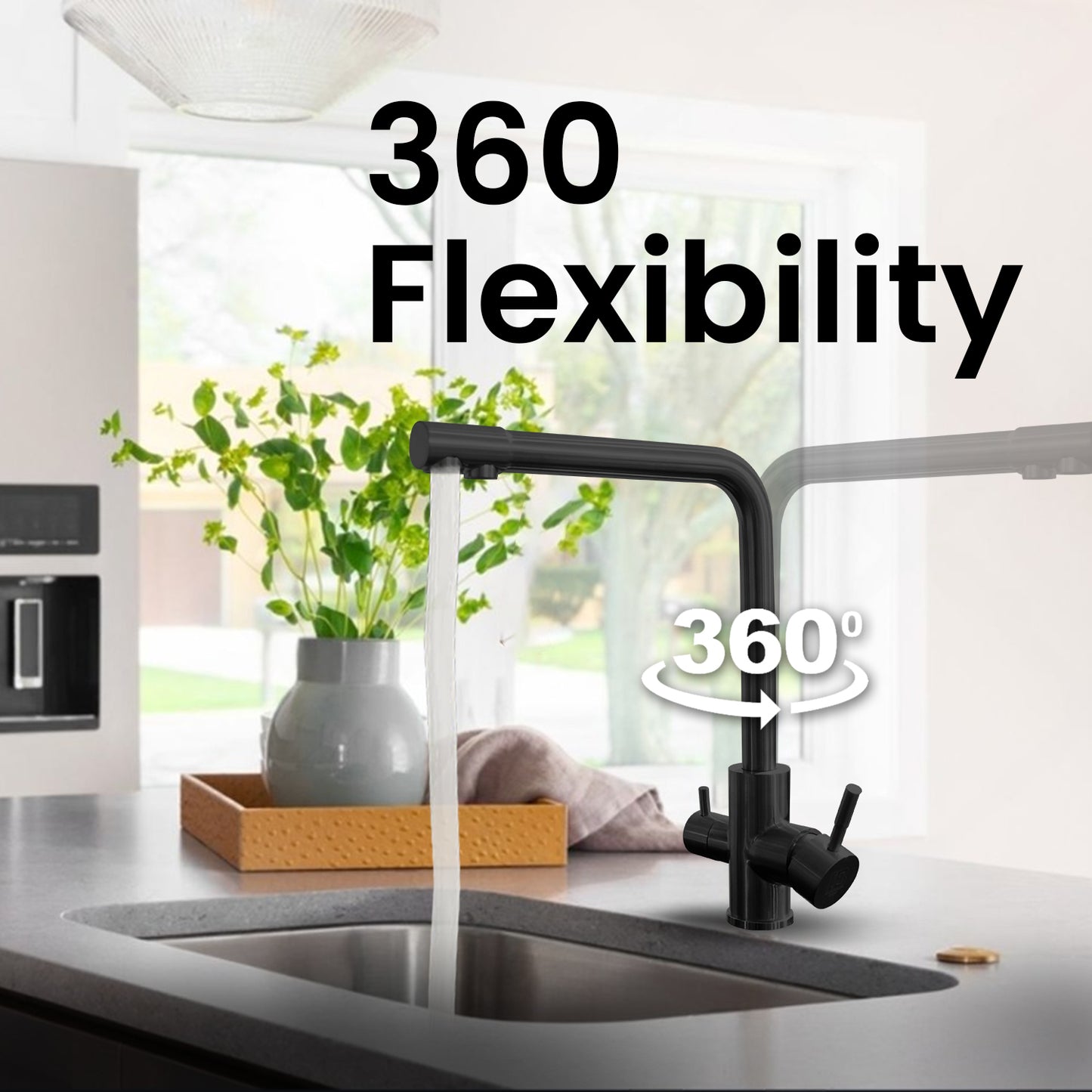 &B Bathware SUS 304 Grade Hot & Cold Dual Lever Kitchen Sink Mixer Faucet – 360° Rotatable Tap - Graphite Grey