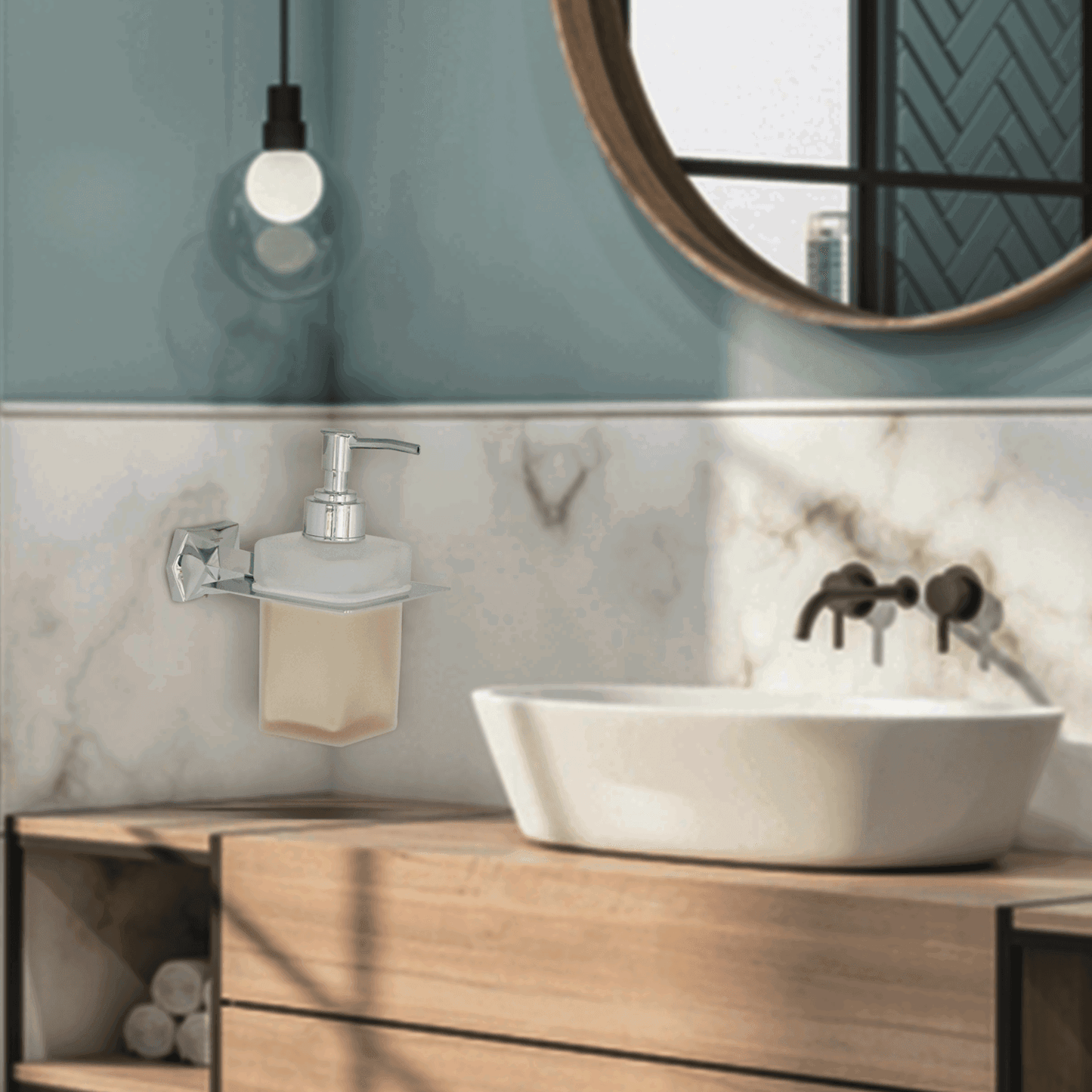 Silver Glass Liquid Soap Dispenser Gloria Series – Modern Bathroom & Kitchen Soap Dispenser, Elegant Design - D&B Bathware