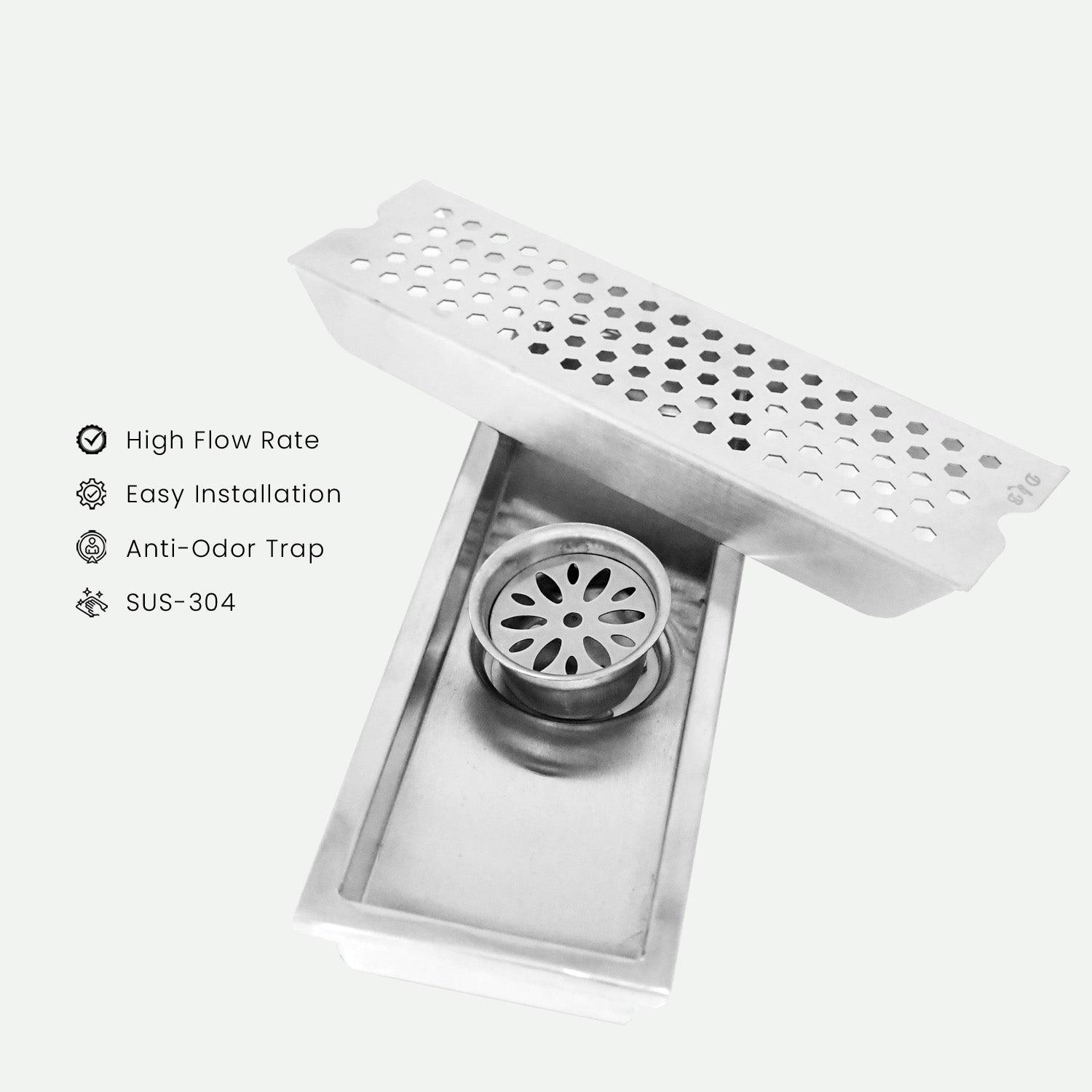 11.8 * 3.9" Vento Shower Drain Channel SS304 Floor Drain for Bathroom - Cockroach Trap - D&B Bathware