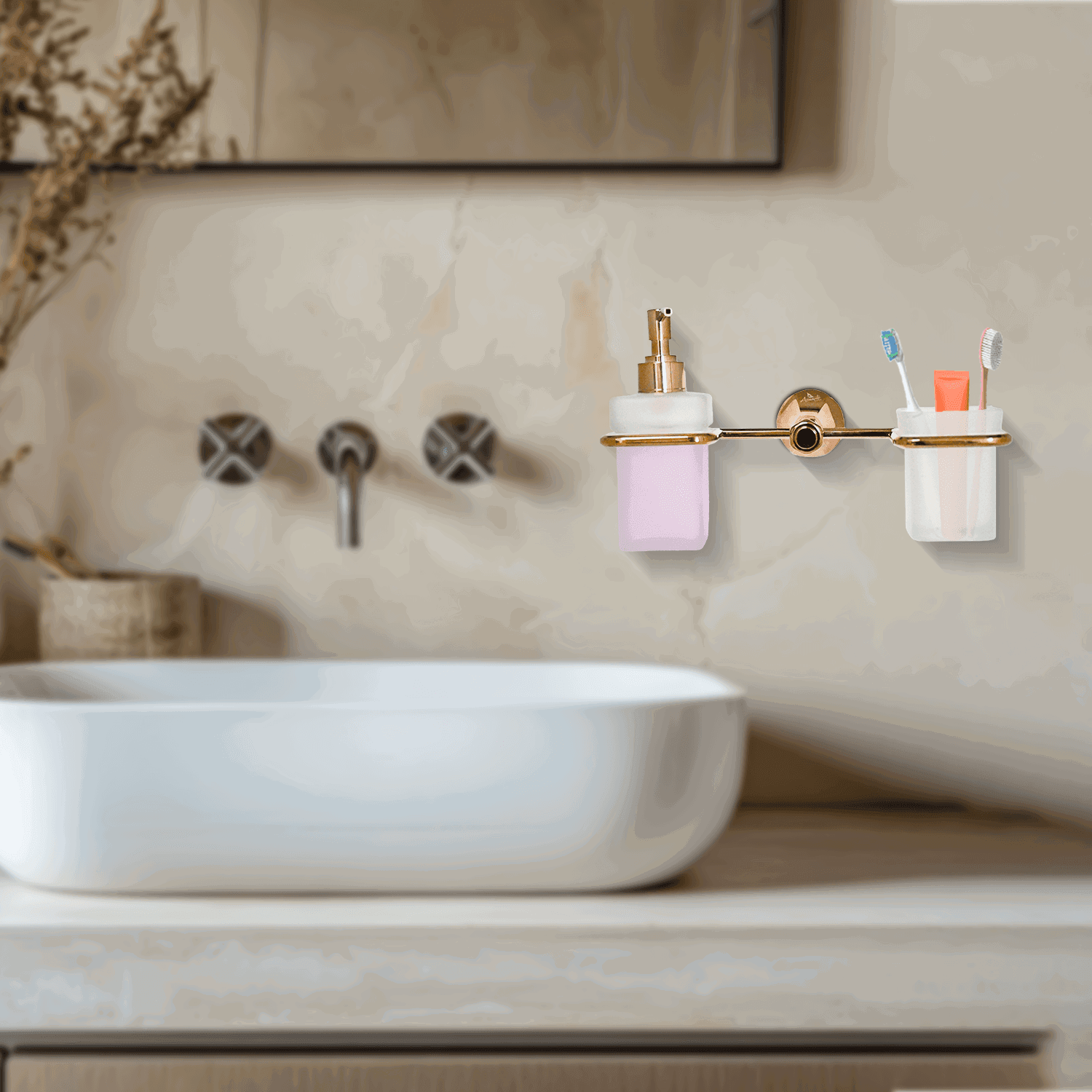 Floris Liquid Dispenser + Toothbrush Rose Gold Set - Elegant Bathroom Essentials - D&B Bathware