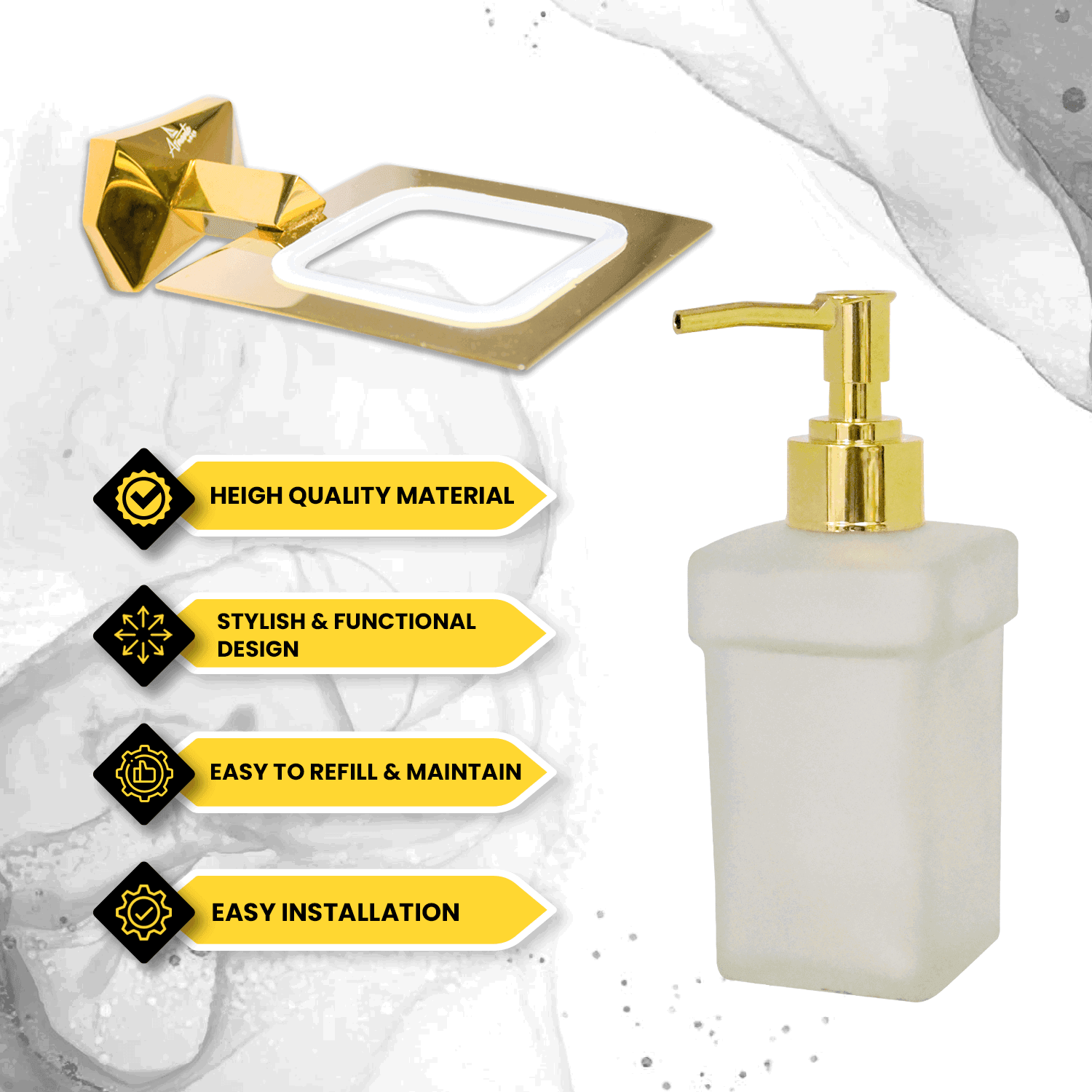 Golden Glass Liquid Soap Dispenser Gloria Series – Elegant Soap Dispenser for Bathroom & Kitchen, Luxury Design - D&B Bathware