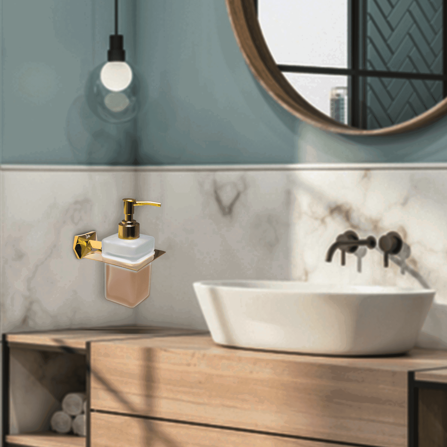 Golden Glass Liquid Soap Dispenser Gloria Series – Elegant Soap Dispenser for Bathroom & Kitchen, Luxury Design - D&B Bathware