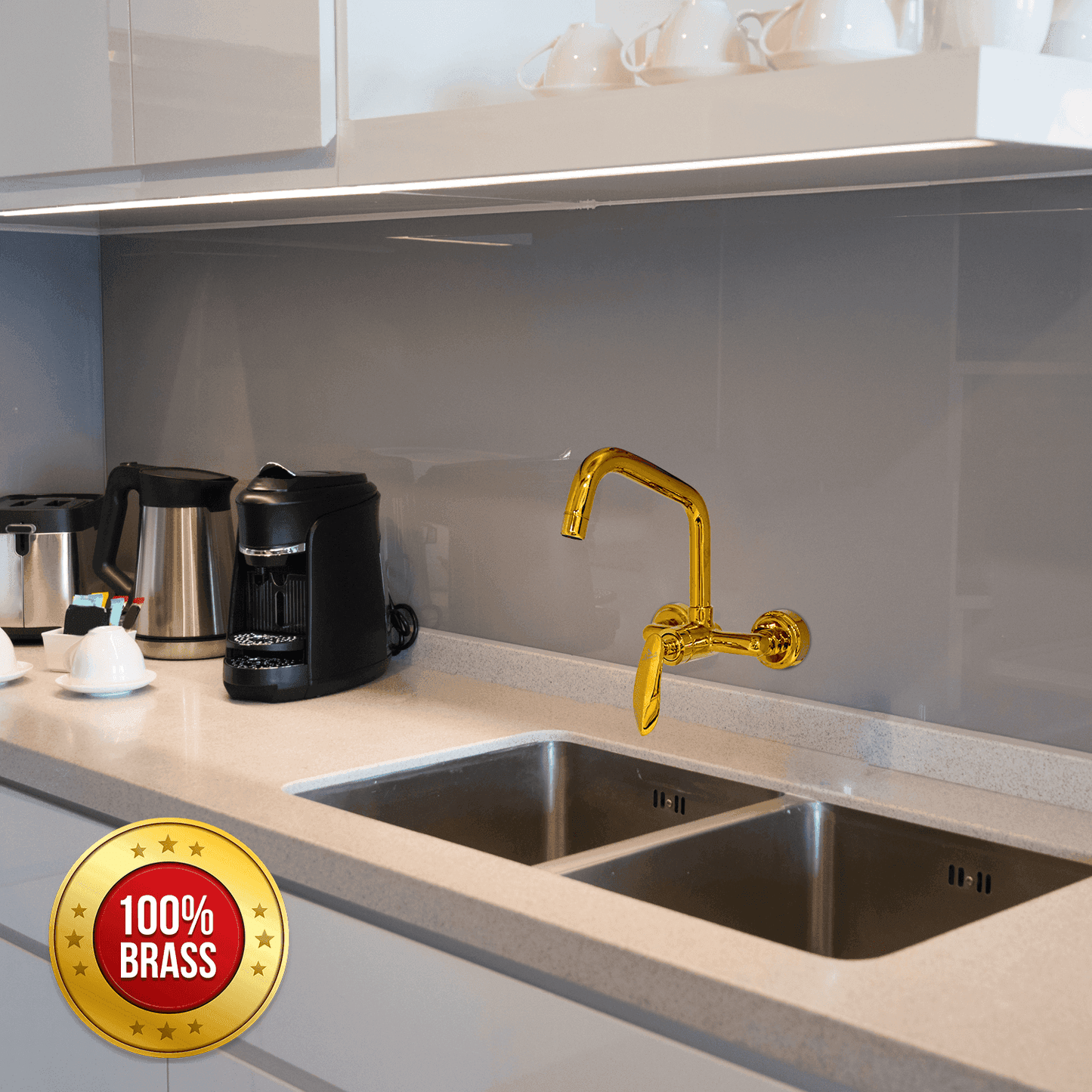 Kitchen Sink Mixer Single Lever Wall Mounted Long Pipe - Gold | Elegant & Durable Kitchen Faucet - D&B Bathware