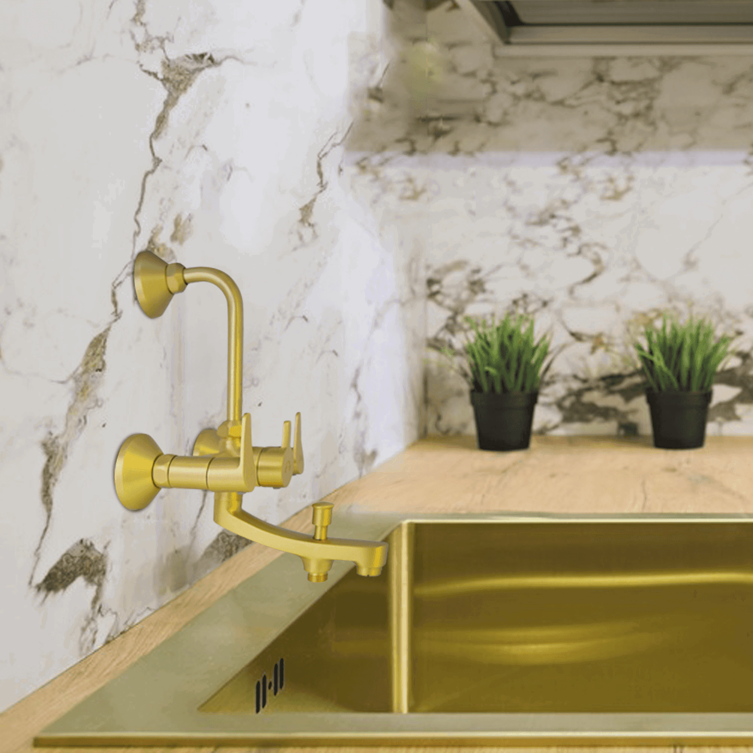 LAZZARO Brushed Gold Wall Mixer 3 in 1 with L Band – Elegant & Versatile Bathroom Mixer - D&B Bathware