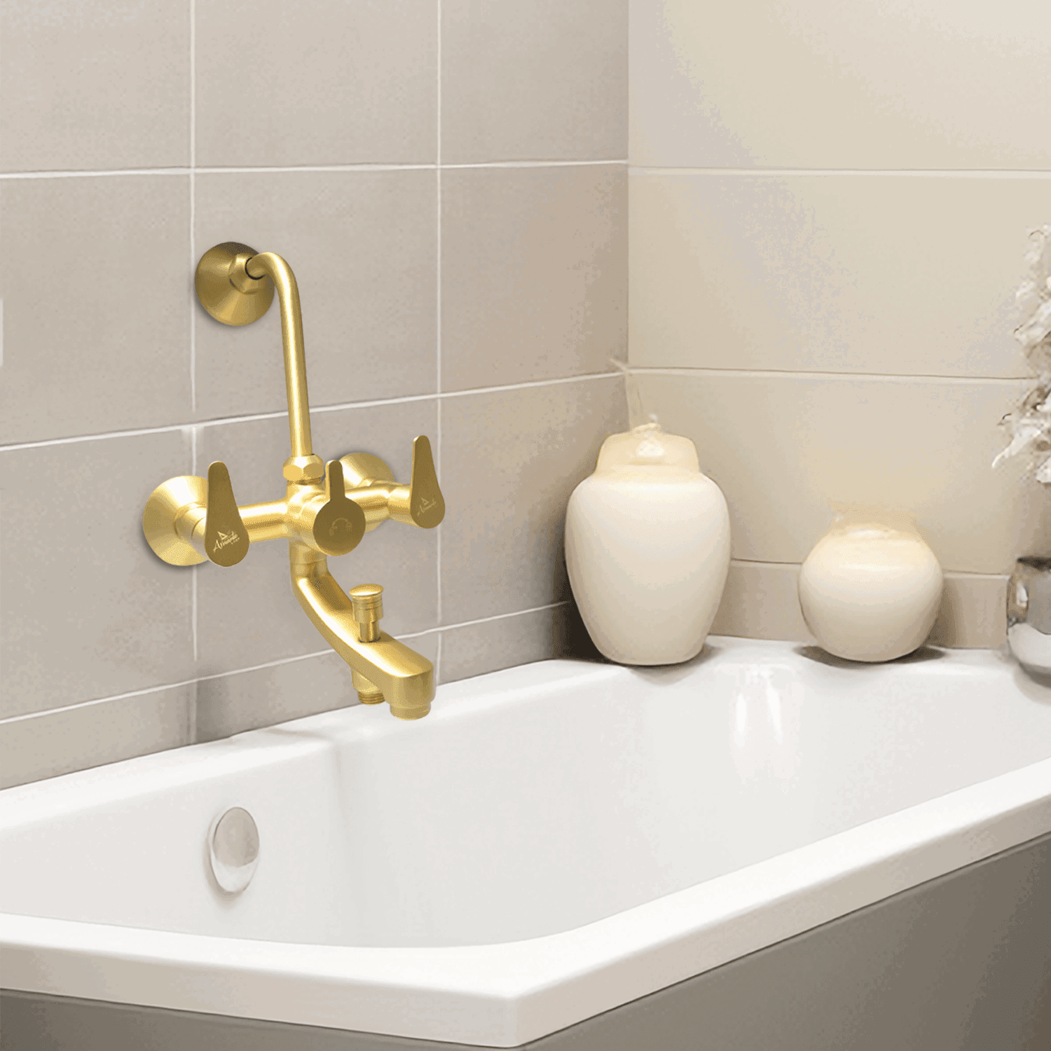 LAZZARO Brushed Gold Wall Mixer 3 in 1 with L Band – Elegant & Versatile Bathroom Mixer - D&B Bathware