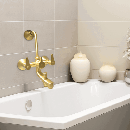 LAZZARO Brushed Gold Wall Mixer 3 in 1 with L Band – Elegant & Versatile Bathroom Mixer - D&B Bathware