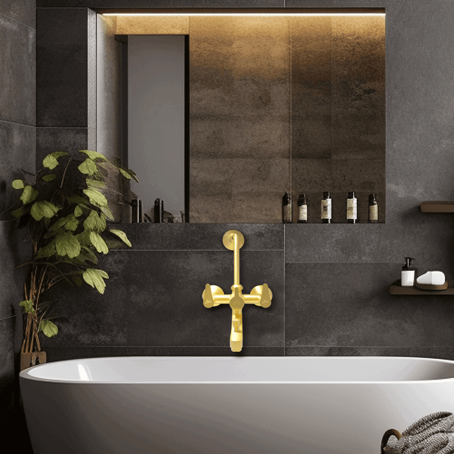 LAZZARO Brushed Gold Wall Mixer 3 in 1 with L Band – Elegant & Versatile Bathroom Mixer - D&B Bathware