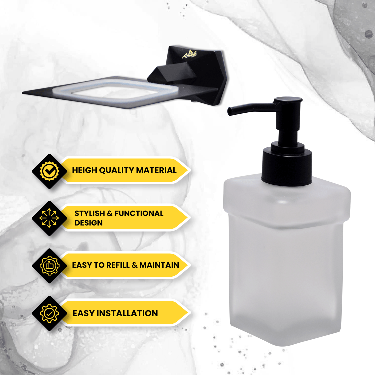 Black Glass Liquid Soap Dispenser Gloria Series – Elegant Bathroom & Kitchen Soap Dispenser, Modern Design - D&B Bathware