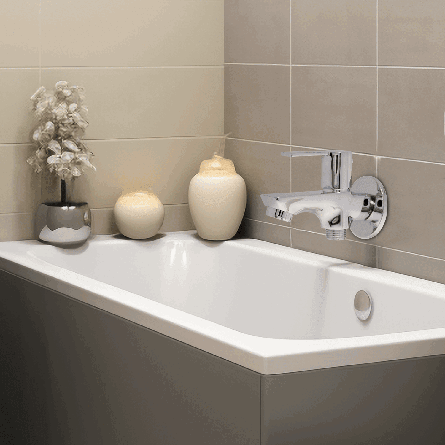 Piccolo Full Brass 2 Way Bib Cock Tap Ideal for Bathroom & Kitchen Chrome Finish Faucet Set - D&B Bathware