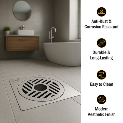 5x5 Inch Stainless Steel Locking Floor Drain Jali With Centre Hole – Anti-Clog Cover( SQUARE 551-H )