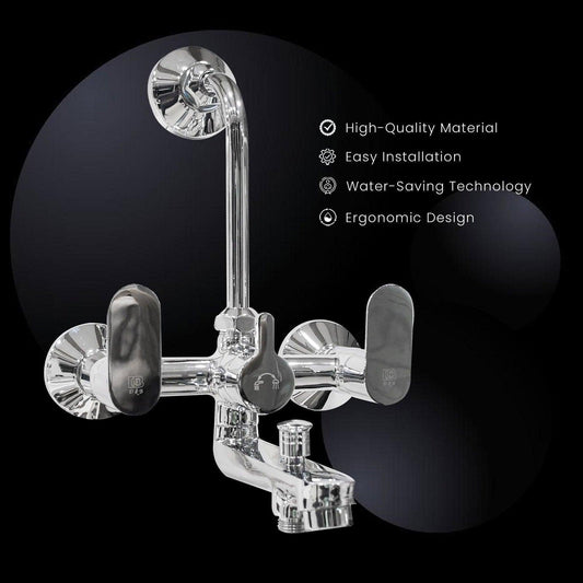 Stylish 3in1 Wall Mixer with L Bend – Brass Tap, Chrome, Silver Hot and Cold - D&B Bathware